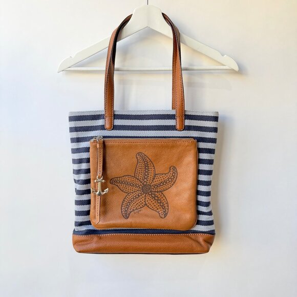 Brighton Coastal Starfish Harbor Tote Anchor Charm Bag – Tan Leather & Navy Stri - Picture 1 of 8